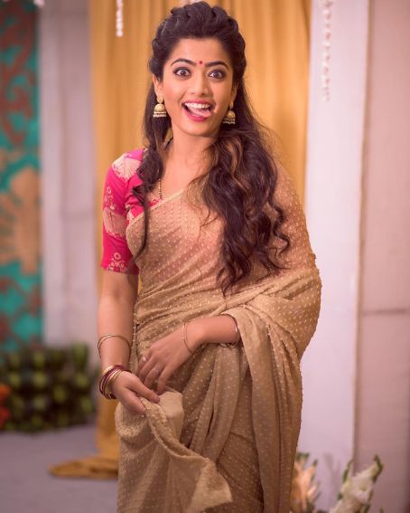 Rashmika in Gold Saree with Pink Blouse