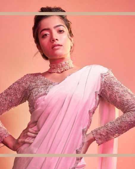 Rashmika in Pink Cut Work Saree