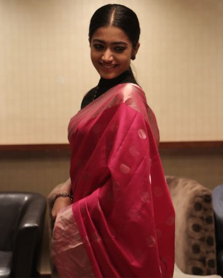 Rashmika in Pink Saree with Black High Neck Blouse