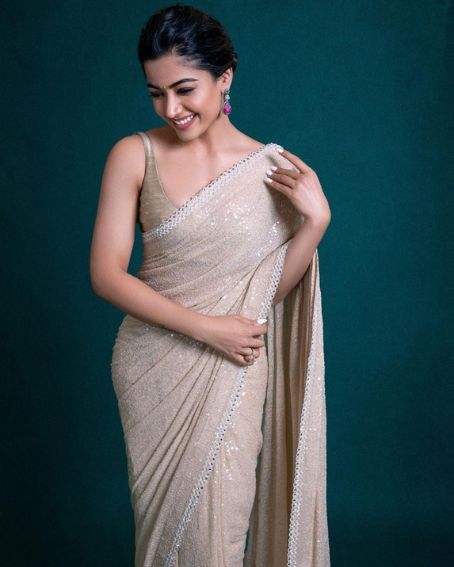 Rashmika in Shiny White Silk Saree