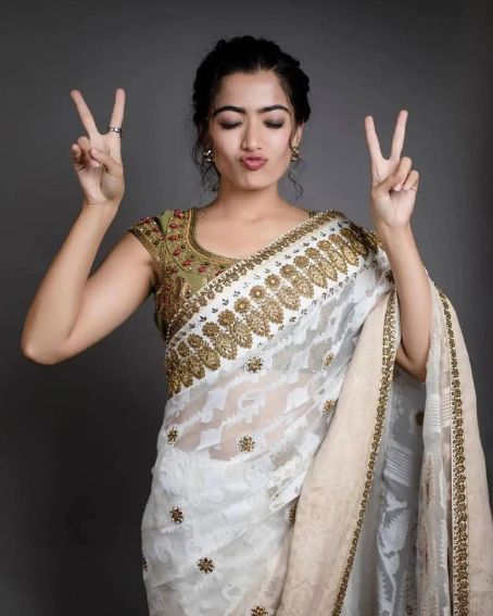 Rashmika in White Heavy Border Saree