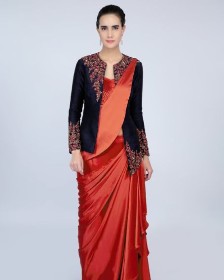 Rebel Red Ready Pleated Saree In Satin With Navy Blue Raw Silk Jacket
