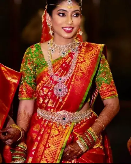Red Bridal Wedding Saree With Green Blouse