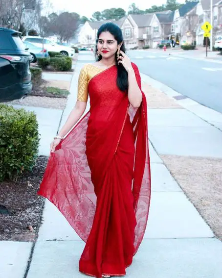 Red Chiffon Saree With Gold Blouse