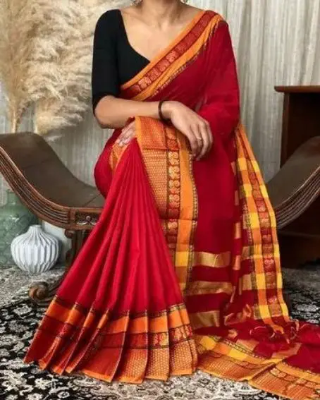 Red Colour Narayanpet Cotton Saree with Black Blouse