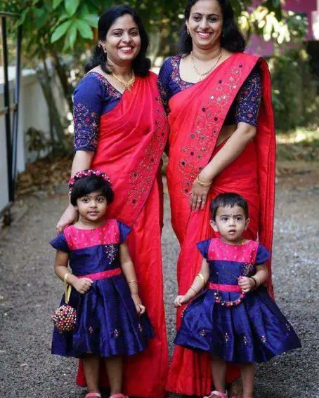 Red Saree With Blue Embroidery Blouse Mother Daughter Saree Ideas