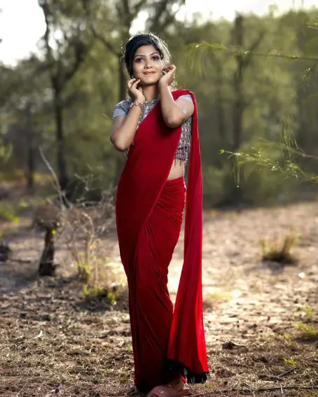 Red Saree With Gray Designer Work Blouse