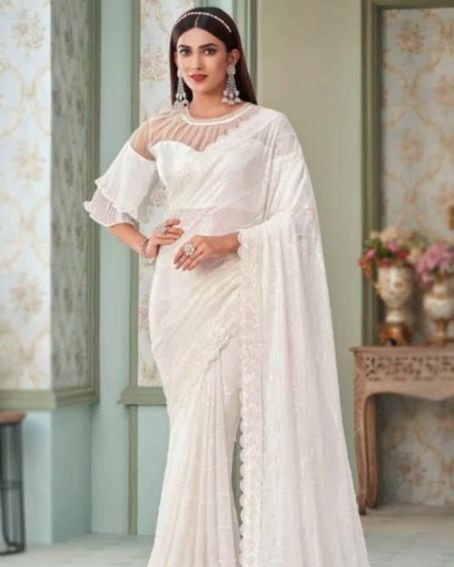 Saree For Wedding Wear In Georgette White With Sequins Embroidery
