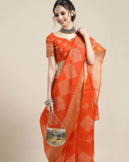 Saree Mall Orange Pure Linen Printed Saree With Unstitched Blouse
