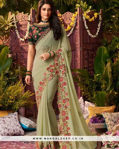 Sea Green Color Georgette Embroidered Wedding Wear Saree