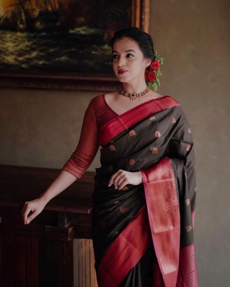 Seaweed Green Color Soft Litchi Silk Saree with Red Blouse