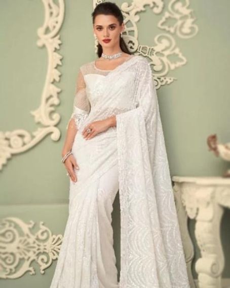 Sequins Embroidered White Georgette Saree