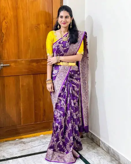 Silk Banarasi Saree with Yellow Blouse