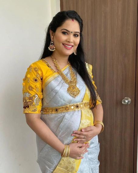 Silver Saree Color with Yellow Embroidery Blouse for Baby Shower