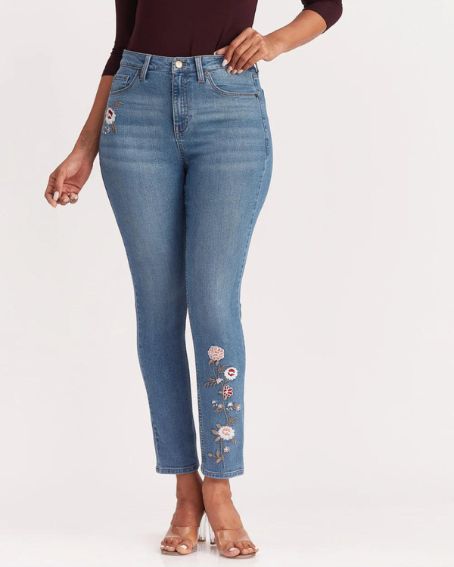 Skinny Fit, Floral Embroidered Blue Jeans