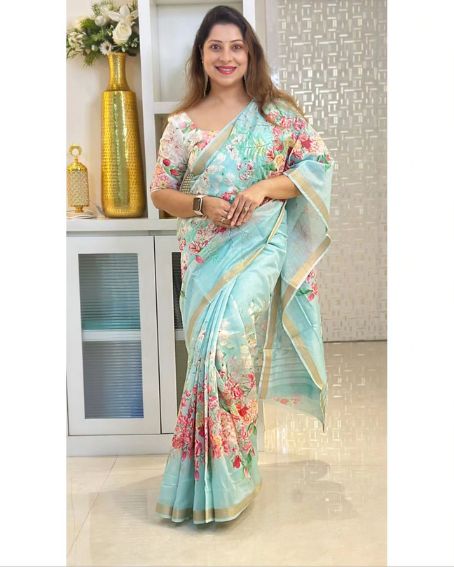 Sky Blue Linen Saree with Flower Design Blouse