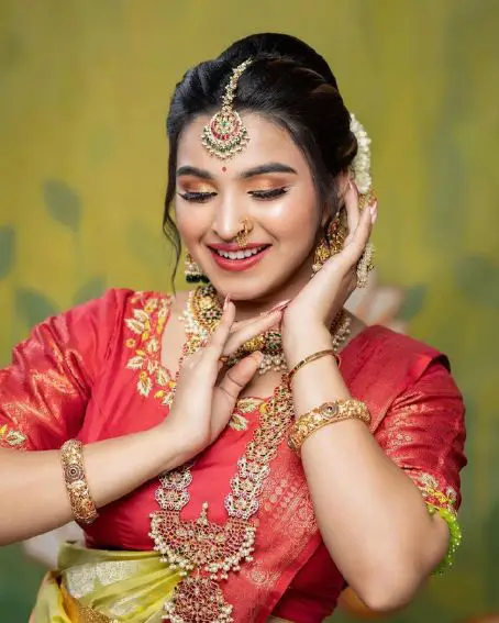 Stunning Red Embroidery Blouse With Lime Green Saree