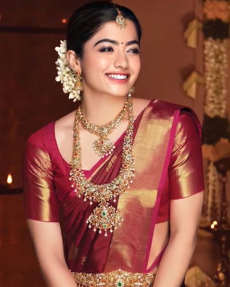 Stunning actress Rashmika Mandanna in Kanchi Pattu Saree