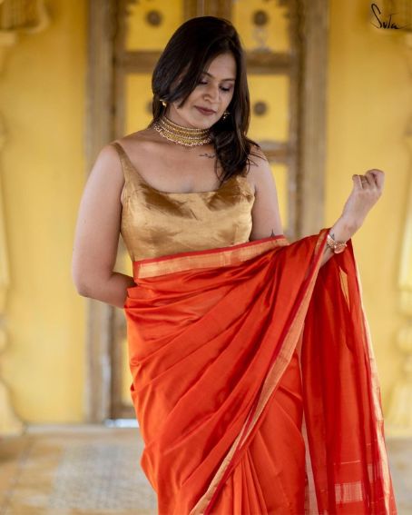 Swatantra Gold Sequin Blouse With Orange Saree