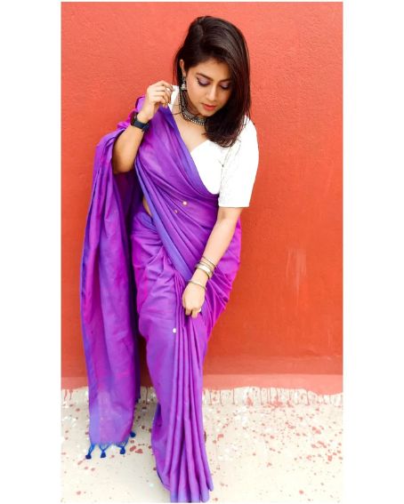 Traditional Violet Plain Saree with White Blouse