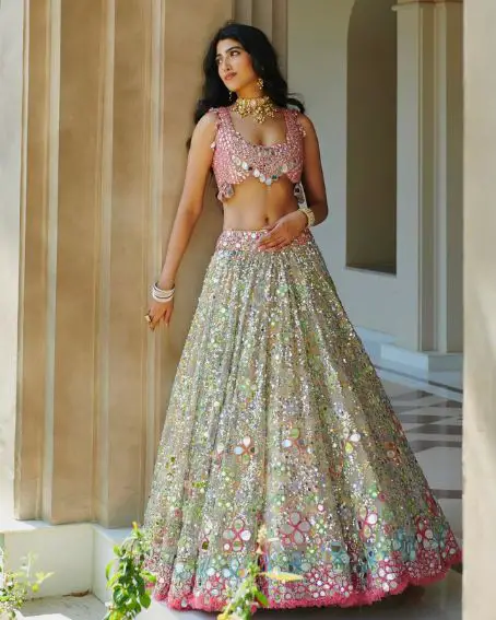 Twirling Light green lehenga With Pink Blouse For Sister Marriage