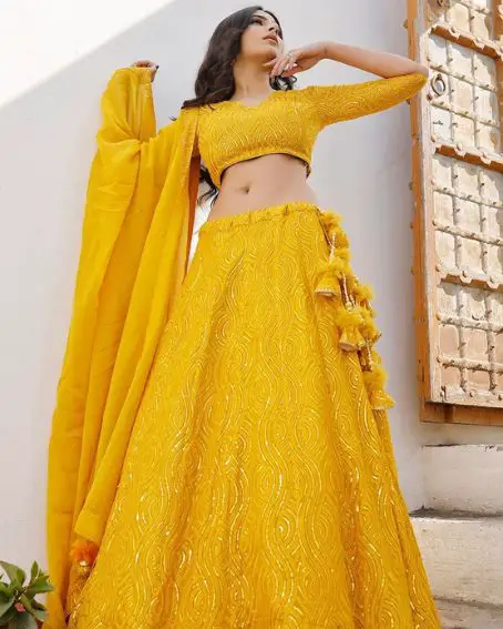 Utsav Fashion Embroidered Georgette Lehenga in Mustard