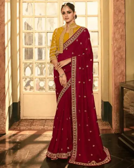 Vidisha BurgundyMaroon Crepe Silk Saree with Blouse & Jacket