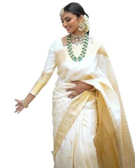 Wedding Wear Jacquard Silk White Saree With Golden Border