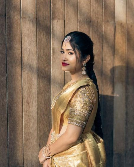 Wedding Gold Saree With Gold Embroidery Blouse