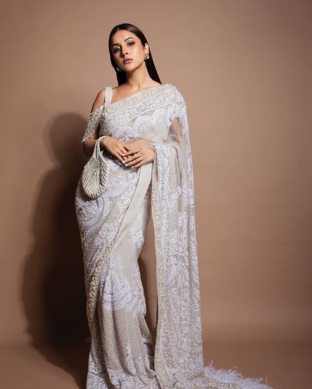 White and Ivory Chikankari with Pearl Embroidered Art Saree