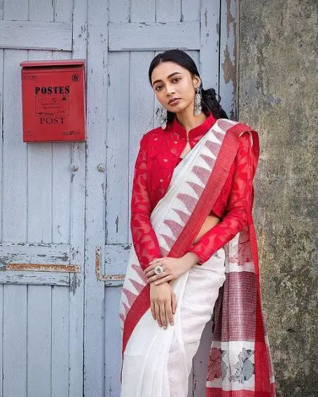 White Cotton Saree with full sleeves Red Jacket