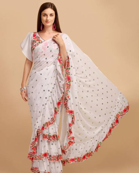 White Faux Georgette Embroidery Ruffled Saree With Blouse