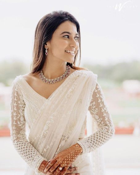 White Full Sleeve Blouse with Beautiful Pearl Back Detailing