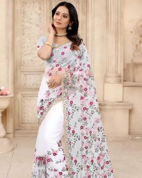 White Net Saree With Blouse