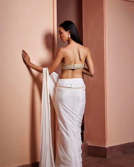 White Saree With Gold Lace Model Border