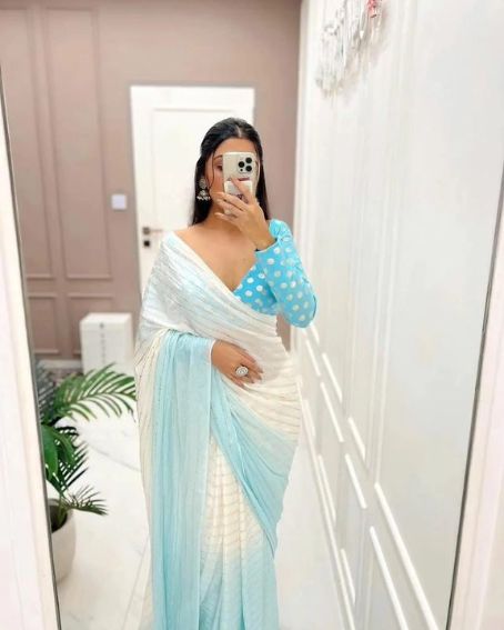 White Saree With Sky Blue Blouse Design