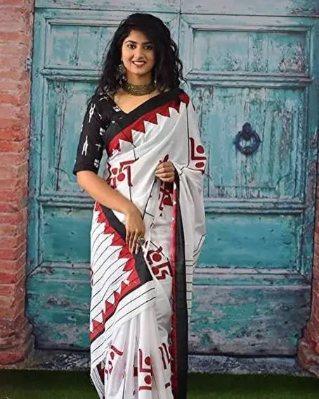 White Soft Pure Cotton Saree With Black Blouse