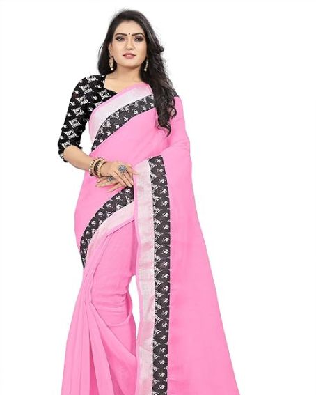 Women's Beautiful Plain Linen Saree With Border Lace Patti with Blouse Piece