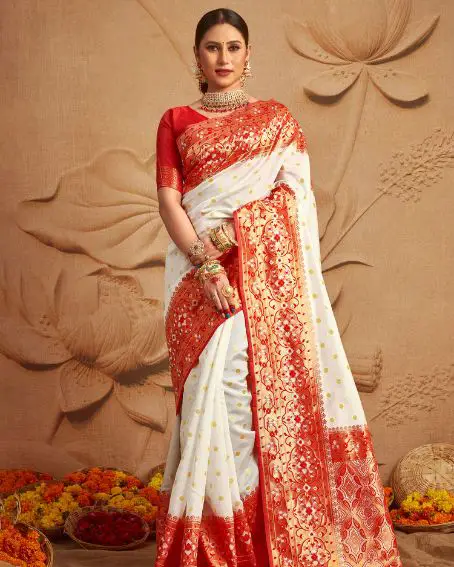 Women's Silk Blend White Woven Designer Saree For Pooja