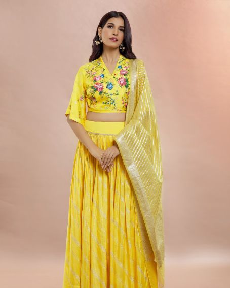 Yellow Color Blouse With Red And Blue Flowers