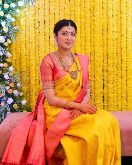 Yellow Color Silk Saree With Pink Colored Blouse Perfect For Pranitha Subhash