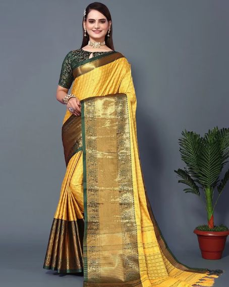 Yellow Cotton Silk Narayanpet Saree with Blouse