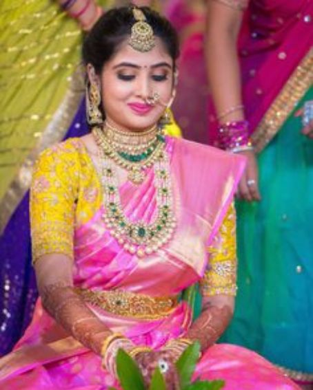 Yellow Embroidery Blouse With Pink Saree For Talambralu Ceremony