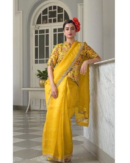 Yellow Handcrafted Jacket Blouse With Gota Patti Scalloped-border-Saree