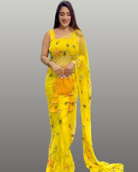 Yellow Hand Painted Chiffon Saree