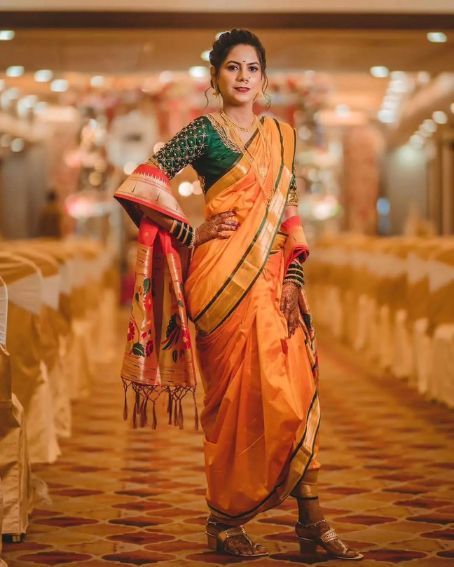 Yellow Traditional Nauvari Saree For Pooja In Marathi Style