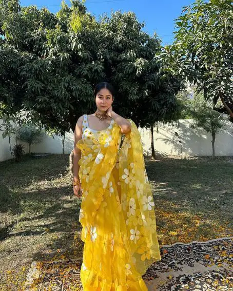 Yellow Hand-painted Organza Saree