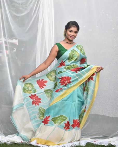 Hand Painted Lotus Pond Pure Silk Saree