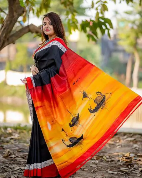 Hand-painted Black Katan Silk Artwork Saree