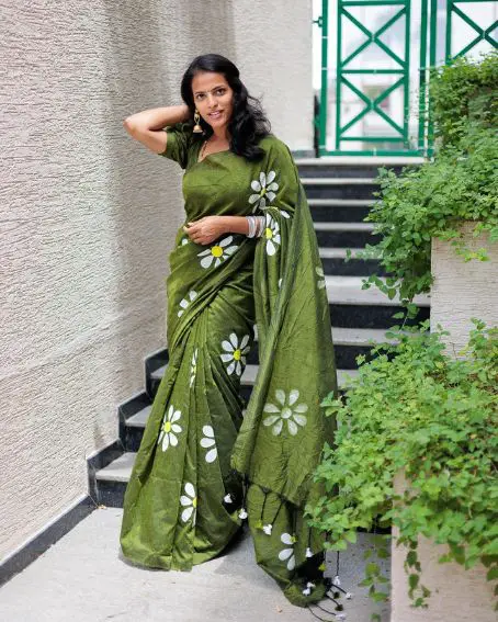 White Floral Olive Green Hand Painted Saree